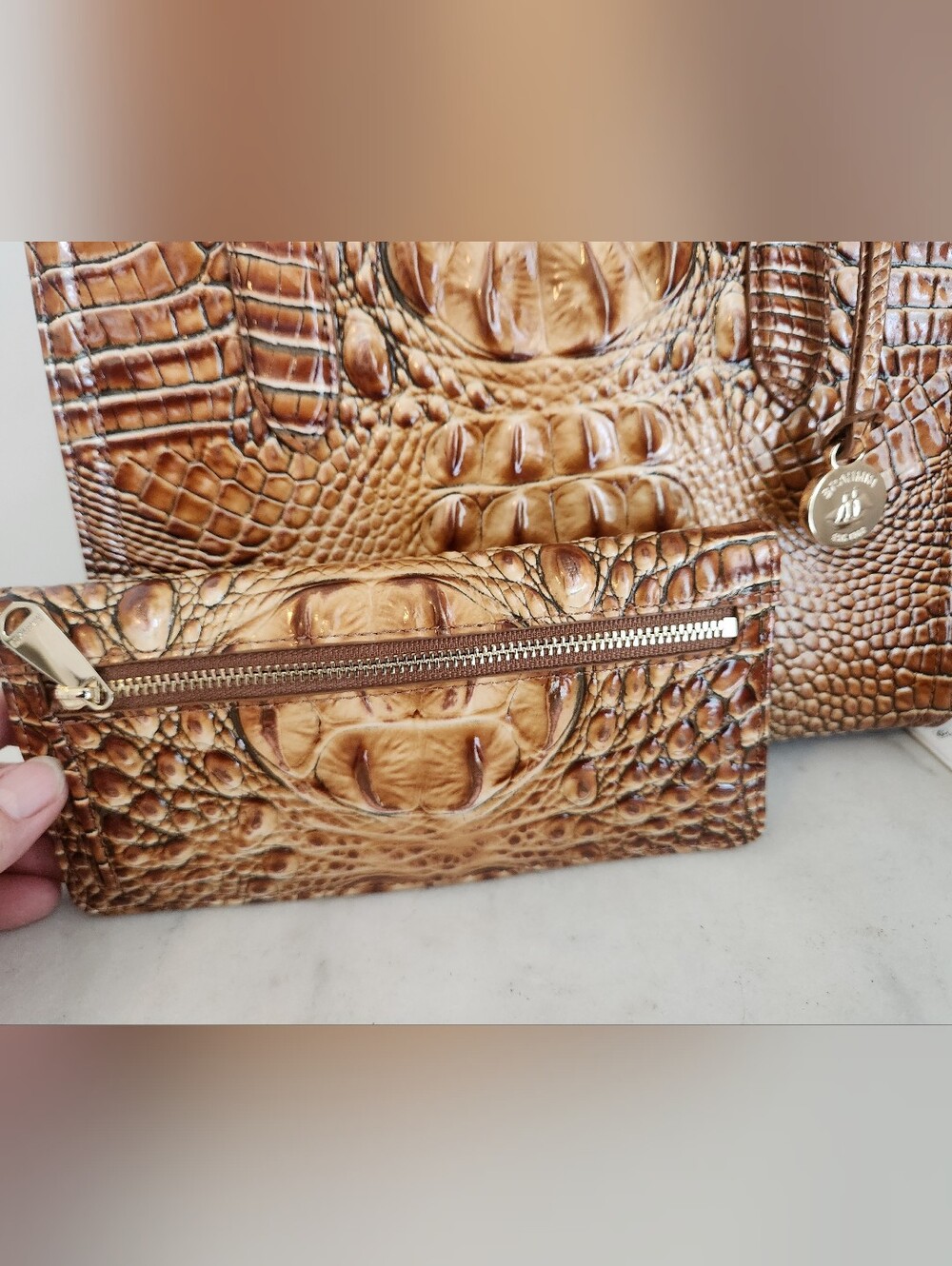 Brahmin Cami Luggage Brown Shoulder Bag Croc-Embossed Leather Satchel & Wallet - Picture 7 of 12